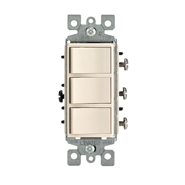 Leviton Decora 15 amps Single Pole Rocker Triple Combination Switch Light Almond 1 pk